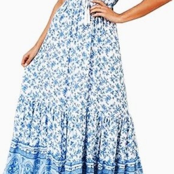 R.Vivimos Summer Floral Print Maxi Short Bell Sleeve Dress Size L - Picture 4 of 15